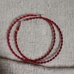 Huge large red twisted hoop wire earrings